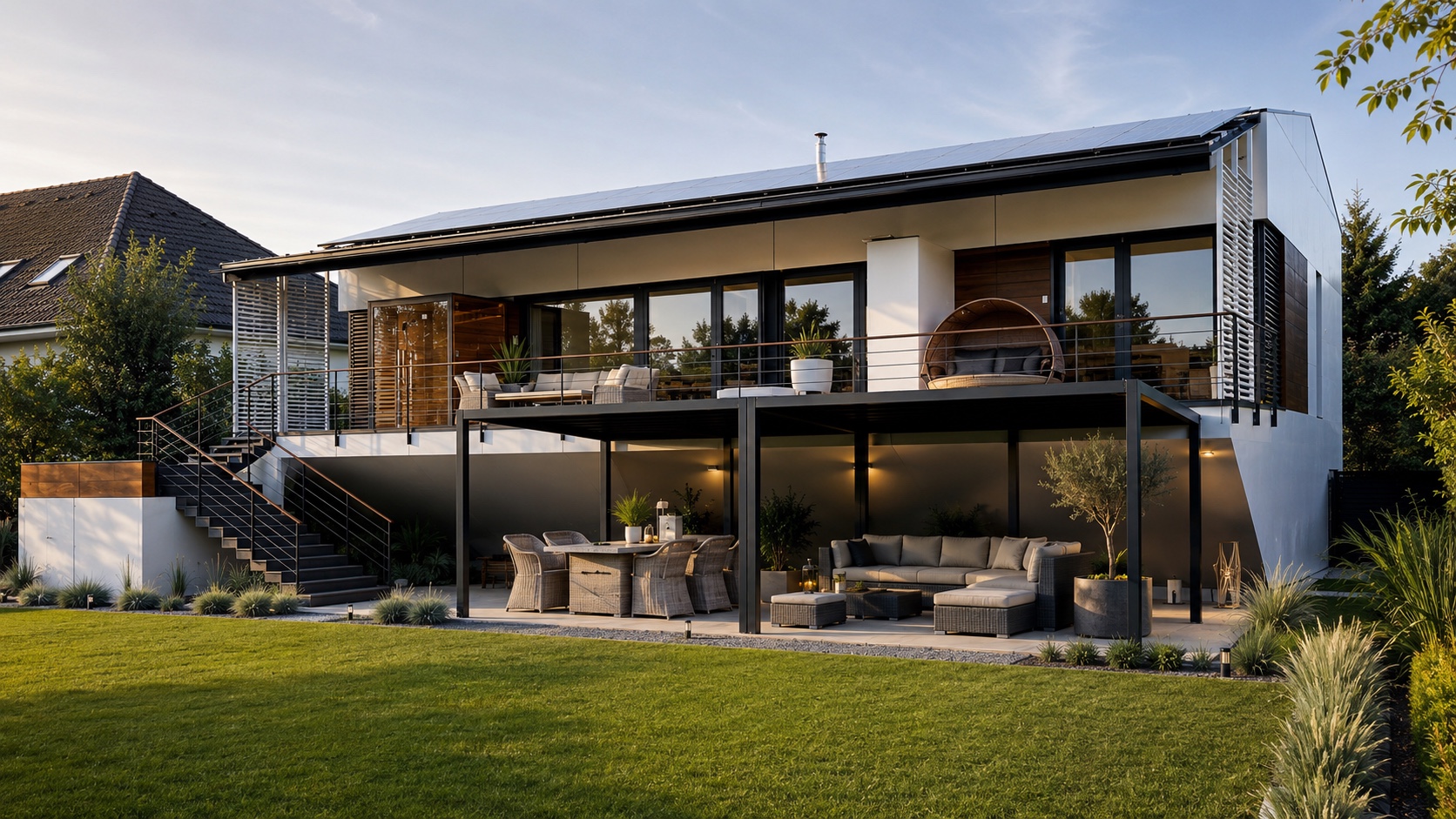 Nestaro’s garden-facing façade and terrace – architectural visualisation